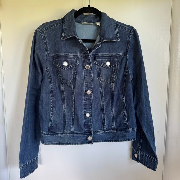 Chicos Womens Blue Jean Denim Jacket Size 1/Medium Dark Wash Stretch Cotton - Picture 1 of 10